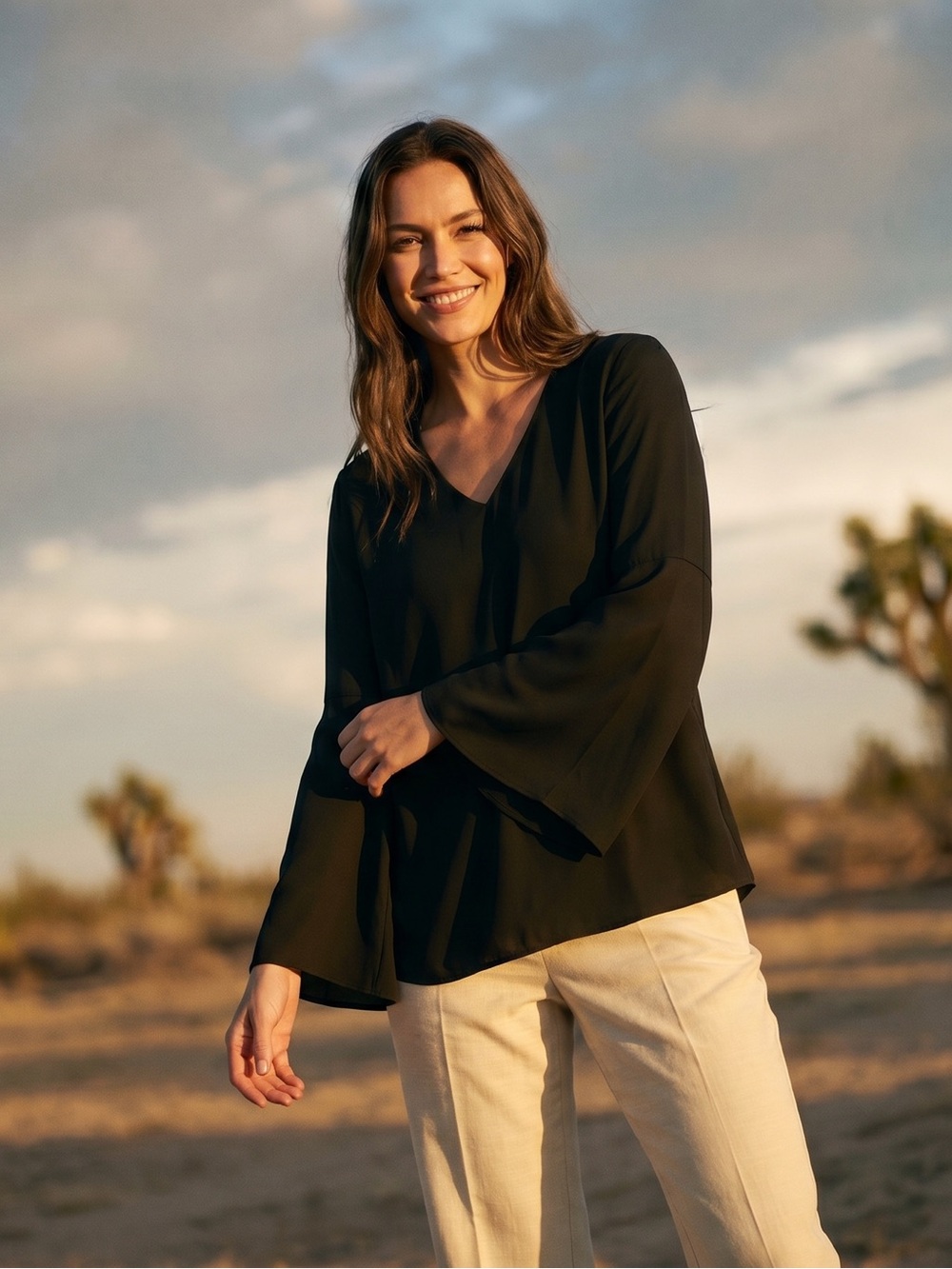 Alfani Black Blouse with V-Neck Trim, Bell Sleeve, 10